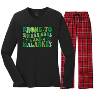 St. Patrick's Day Funny Prone To Shenanigans And Malarkey Women's Long Sleeve Flannel Pajama Set 