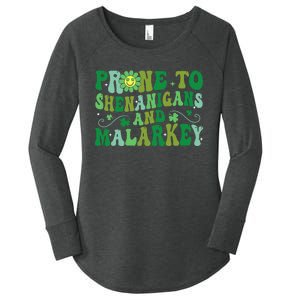 St. Patrick's Day Funny Prone To Shenanigans And Malarkey Women's Perfect Tri Tunic Long Sleeve Shirt