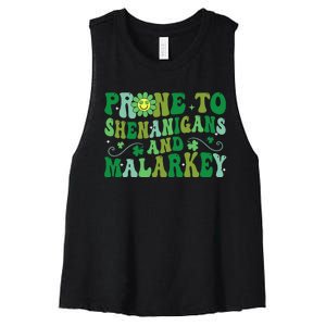 St. Patrick's Day Funny Prone To Shenanigans And Malarkey Women's Racerback Cropped Tank