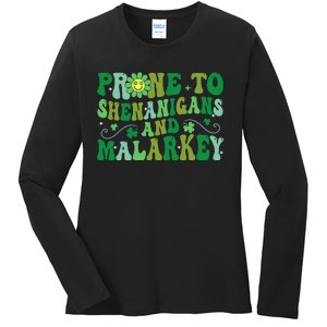 St. Patrick's Day Funny Prone To Shenanigans And Malarkey Ladies Long Sleeve Shirt