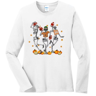 Skeleton Playing Football Halloween Spooky Season Ladies Long Sleeve Shirt