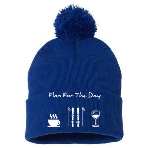 Skiing Plan For Day Coffee Skiing Wine Gift Pom Pom 12in Knit Beanie