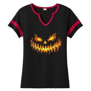 Scary Pumpkin Face Halloween Jack O Lantern Trick Treat Ladies Halftime Notch Neck Tee