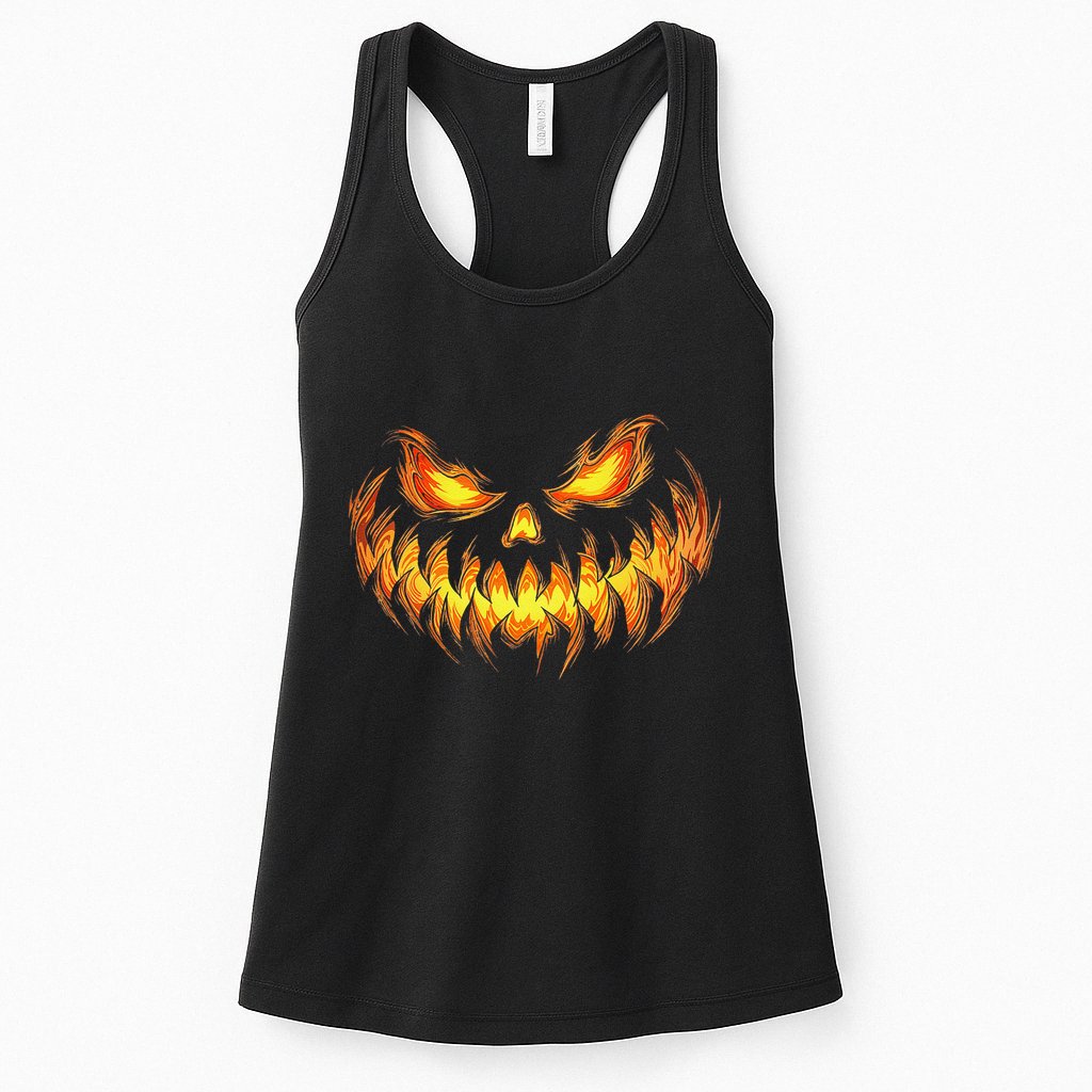 Scary Pumpkin Face Halloween Jack O Lantern Trick Treat Womens Tank Top