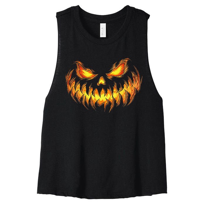 Scary Pumpkin Face Halloween Jack O Lantern Trick Treat Women's Racerback Cropped Tank