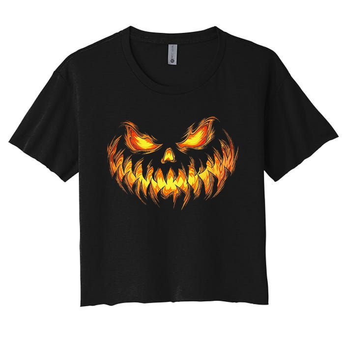 Scary Pumpkin Face Halloween Jack O Lantern Trick Treat Women's Crop Top Tee