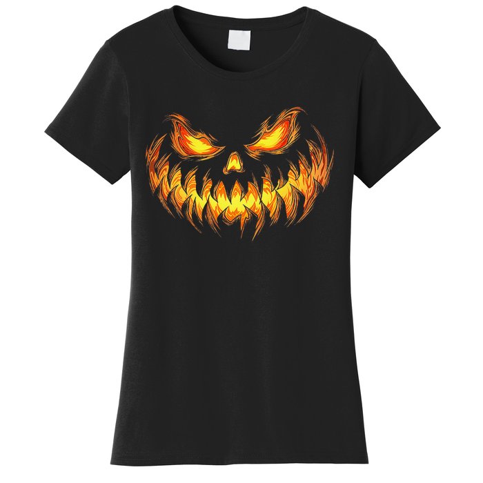 Scary Pumpkin Face Halloween Jack O Lantern Trick Treat Women's T-Shirt