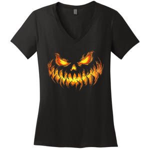 Scary Pumpkin Face Halloween Jack O Lantern Trick Treat Women's V-Neck T-Shirt