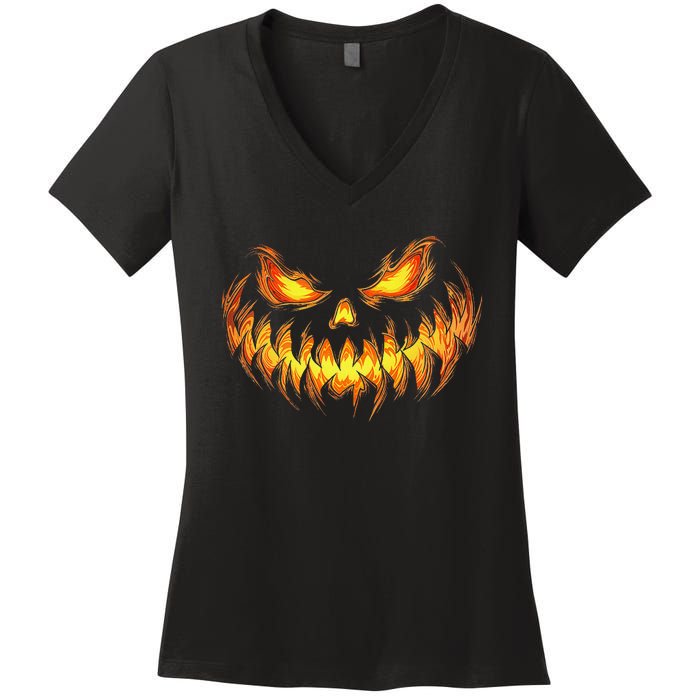 Scary Pumpkin Face Halloween Jack O Lantern Trick Treat Women's V-Neck T-Shirt