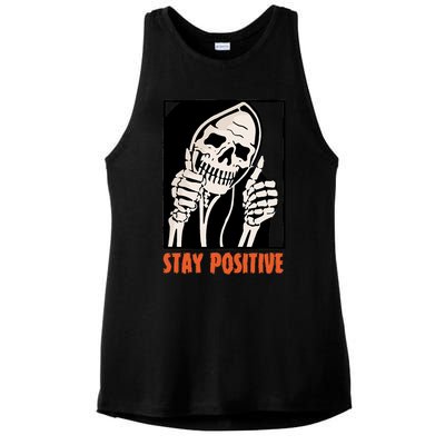 Stay Positive Funny Skeleton Thumbs Up Spooky Halloween Ladies PosiCharge Tri-Blend Wicking Tank