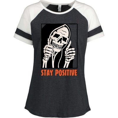 Stay Positive Funny Skeleton Thumbs Up Spooky Halloween Enza Ladies Jersey Colorblock Tee