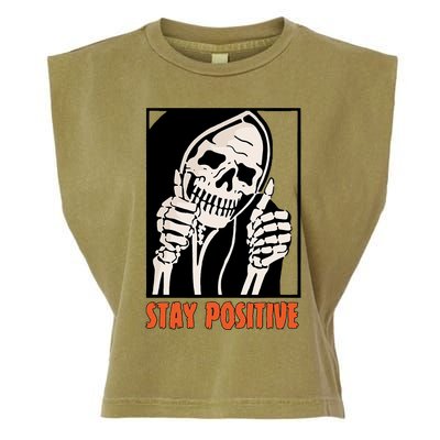 Stay Positive Funny Skeleton Thumbs Up Spooky Halloween Garment-Dyed Women's Muscle Tee