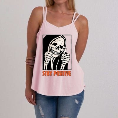 Stay Positive Funny Skeleton Thumbs Up Spooky Halloween Women's Strappy Tank