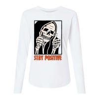 Stay Positive Funny Skeleton Thumbs Up Spooky Halloween Womens Cotton Relaxed Long Sleeve T-Shirt