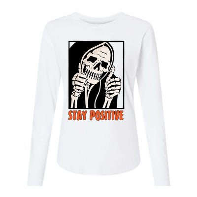 Stay Positive Funny Skeleton Thumbs Up Spooky Halloween Womens Cotton Relaxed Long Sleeve T-Shirt