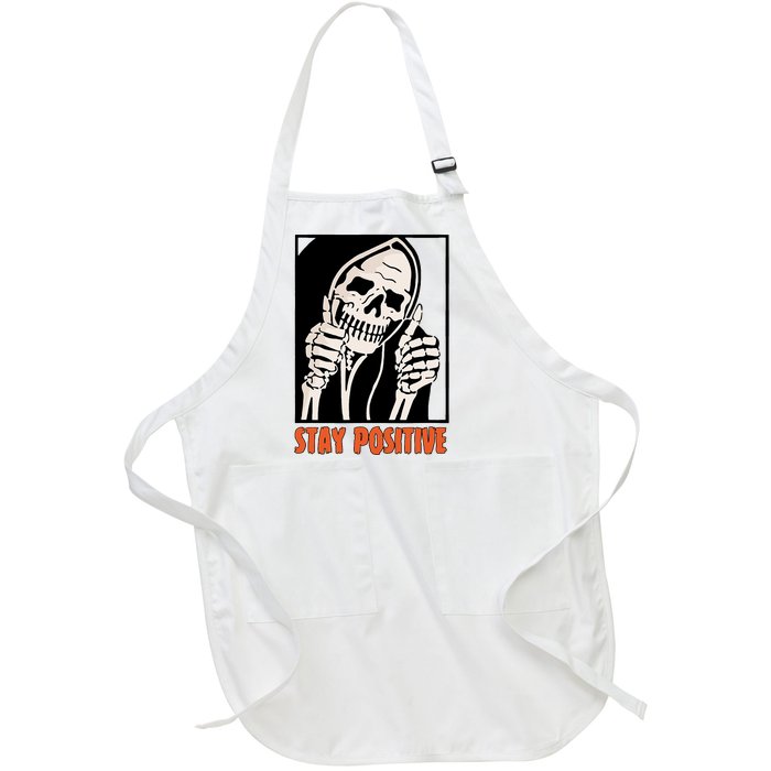 Stay Positive Funny Skeleton Thumbs Up Spooky Halloween Full-Length Apron With Pockets