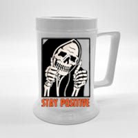 Stay Positive Funny Skeleton Thumbs Up Spooky Halloween Beer Stein