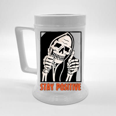 Stay Positive Funny Skeleton Thumbs Up Spooky Halloween Beer Stein