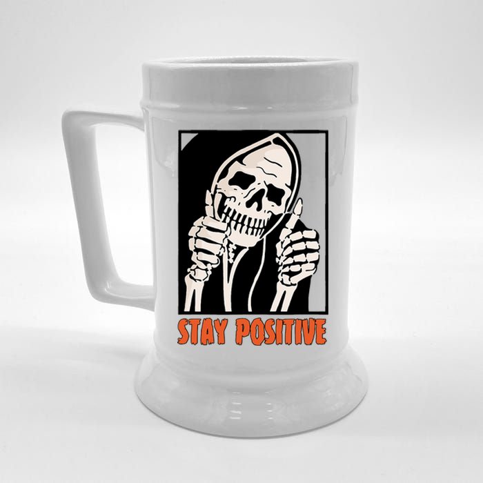 Stay Positive Funny Skeleton Thumbs Up Spooky Halloween Beer Stein