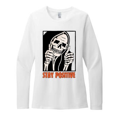 Stay Positive Funny Skeleton Thumbs Up Spooky Halloween Womens CVC Long Sleeve Shirt