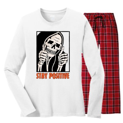 Stay Positive Funny Skeleton Thumbs Up Spooky Halloween Women's Long Sleeve Flannel Pajama Set 