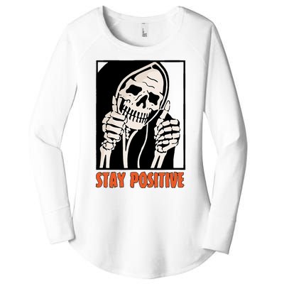 Stay Positive Funny Skeleton Thumbs Up Spooky Halloween Women's Perfect Tri Tunic Long Sleeve Shirt