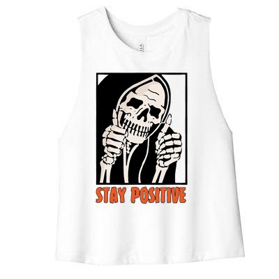 Stay Positive Funny Skeleton Thumbs Up Spooky Halloween Women's Racerback Cropped Tank