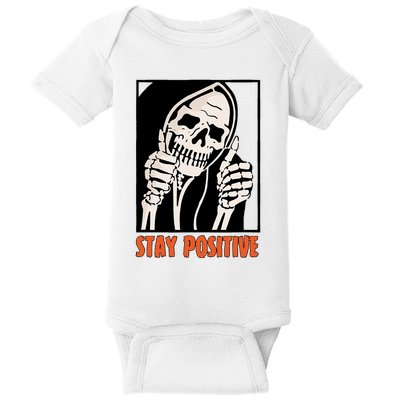 Stay Positive Funny Skeleton Thumbs Up Spooky Halloween Baby Bodysuit