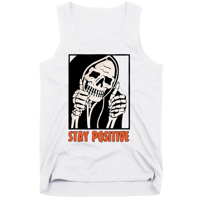 Stay Positive Funny Skeleton Thumbs Up Spooky Halloween Tank Top