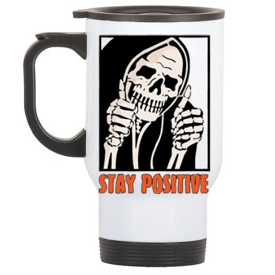 Stay Positive Funny Skeleton Thumbs Up Spooky Halloween Stainless Steel Travel Mug