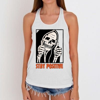 Stay Positive Funny Skeleton Thumbs Up Spooky Halloween Women's Knotted Racerback Tank