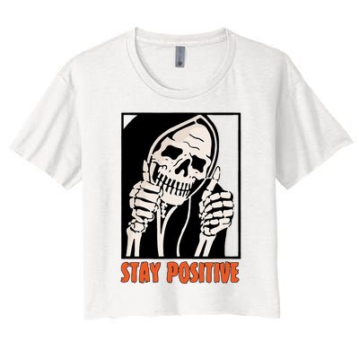 Stay Positive Funny Skeleton Thumbs Up Spooky Halloween Women's Crop Top Tee