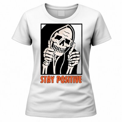 Stay Positive Funny Skeleton Thumbs Up Spooky Halloween Women's T-Shirt