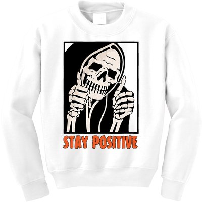 Stay Positive Funny Skeleton Thumbs Up Spooky Halloween Kids Sweatshirt