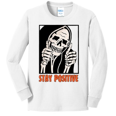 Stay Positive Funny Skeleton Thumbs Up Spooky Halloween Kids Long Sleeve Shirt