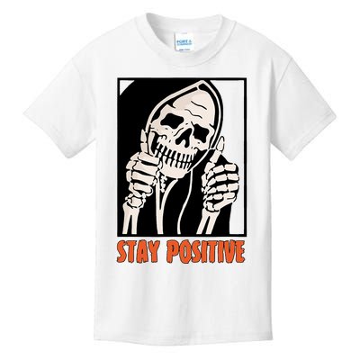 Stay Positive Funny Skeleton Thumbs Up Spooky Halloween Kids T-Shirt