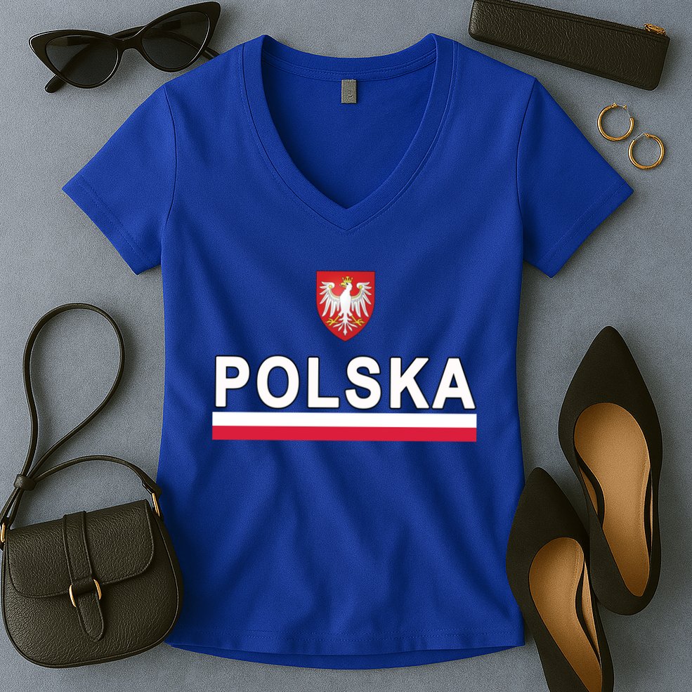 Sporty Polska Flag And Emblem Polish Coat Of Arms Gift Women's V-Neck T-Shirt