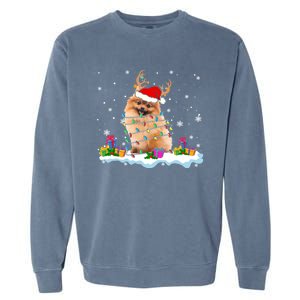 Santa Pomeranian Funny Christmas Lights Santa Reindeer Dog Great Gift Garment-Dyed Sweatshirt