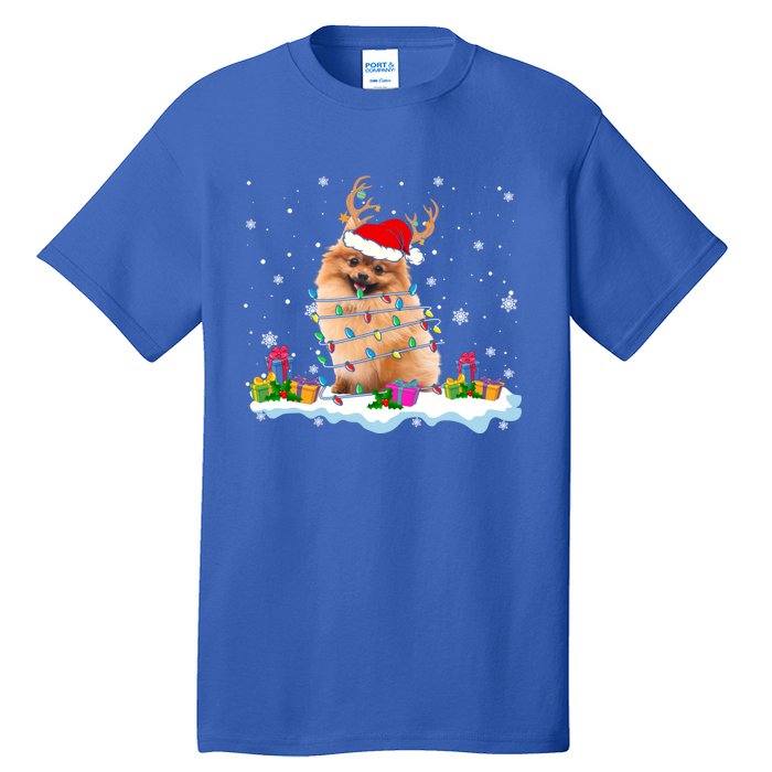 Santa Pomeranian Funny Christmas Lights Santa Reindeer Dog Great Gift Tall T-Shirt