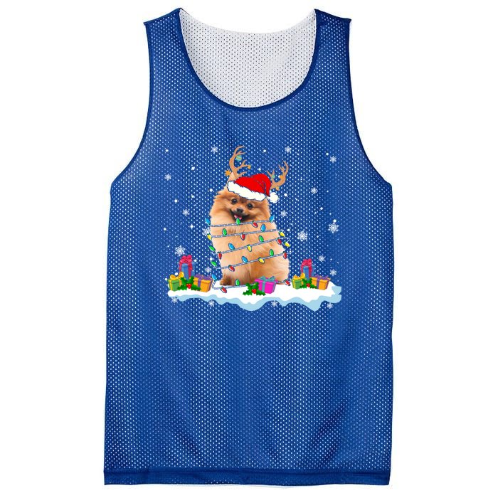 Santa Pomeranian Funny Christmas Lights Santa Reindeer Dog Great Gift Mesh Reversible Basketball Jersey Tank