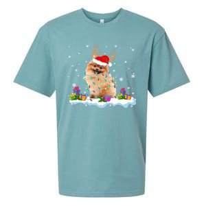 Santa Pomeranian Funny Christmas Lights Santa Reindeer Dog Great Gift Sueded Cloud Jersey T-Shirt