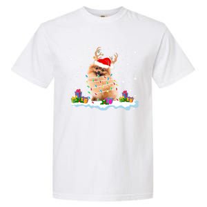 Santa Pomeranian Funny Christmas Lights Santa Reindeer Dog Great Gift Garment-Dyed Heavyweight T-Shirt