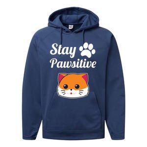 Stay Pawsitive Funny Cat Lover Motivational Gift Performance Fleece Hoodie