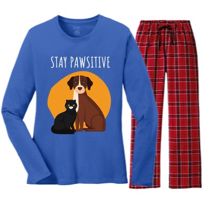 Stay Pawsitive Funny Cats And Dogs Gift Women's Long Sleeve Flannel Pajama Set 