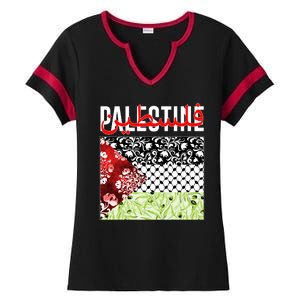 Support Palestine Flag Traditional Keffiyeh Floral Patterns Ladies Halftime Notch Neck Tee