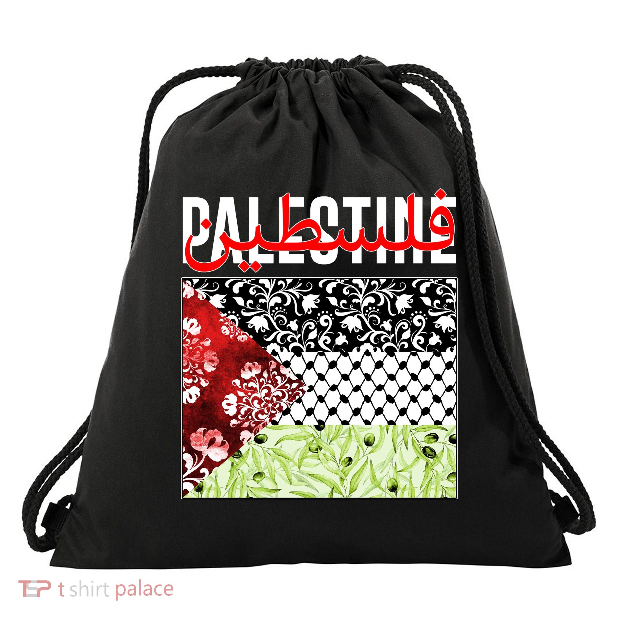 Support Palestine Flag Traditional Keffiyeh Floral Patterns Drawstring Bag