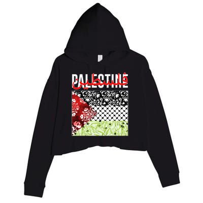 Support Palestine Flag Traditional Keffiyeh Floral Patterns Crop Fleece Hoodie