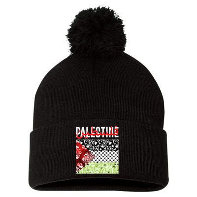 Support Palestine Flag Traditional Keffiyeh Floral Patterns Pom Pom 12in Knit Beanie