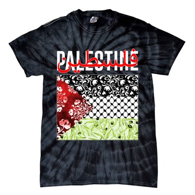 Support Palestine Flag Traditional Keffiyeh Floral Patterns Tie-Dye T-Shirt