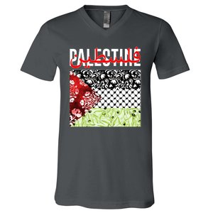 Support Palestine Flag Traditional Keffiyeh Floral Patterns V-Neck T-Shirt